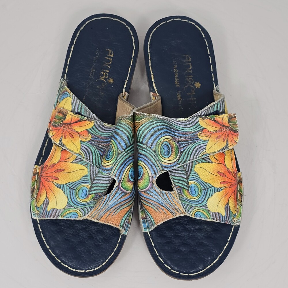 Anuschka Leather Slides 37/6.5 Hand Painted Peacock Feather/Floral Wedges
